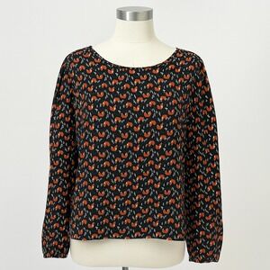 Ace Delivery Fox Print Blouse Womens Medium Black Long Sleeve Casual Top Novelty